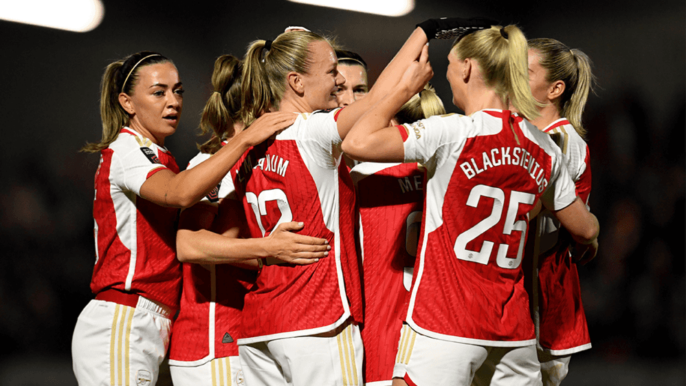 Arsenal Women celebrate Stina Blackstenius' first-half hat-trick